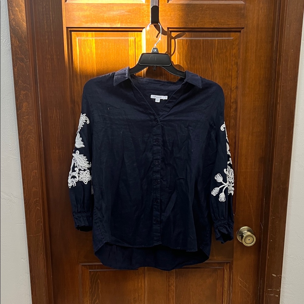 Chico's Dark Blue Blouse with White Floral Detail